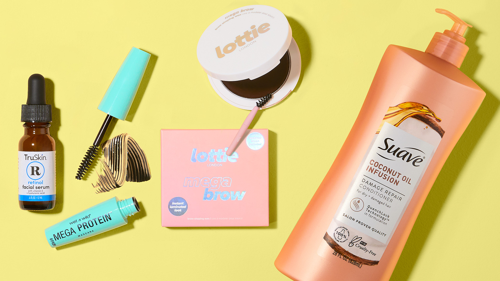 Photo of clean beauty product examples by brands like Suave, TruSkin, and Lottie, on a yellow background.