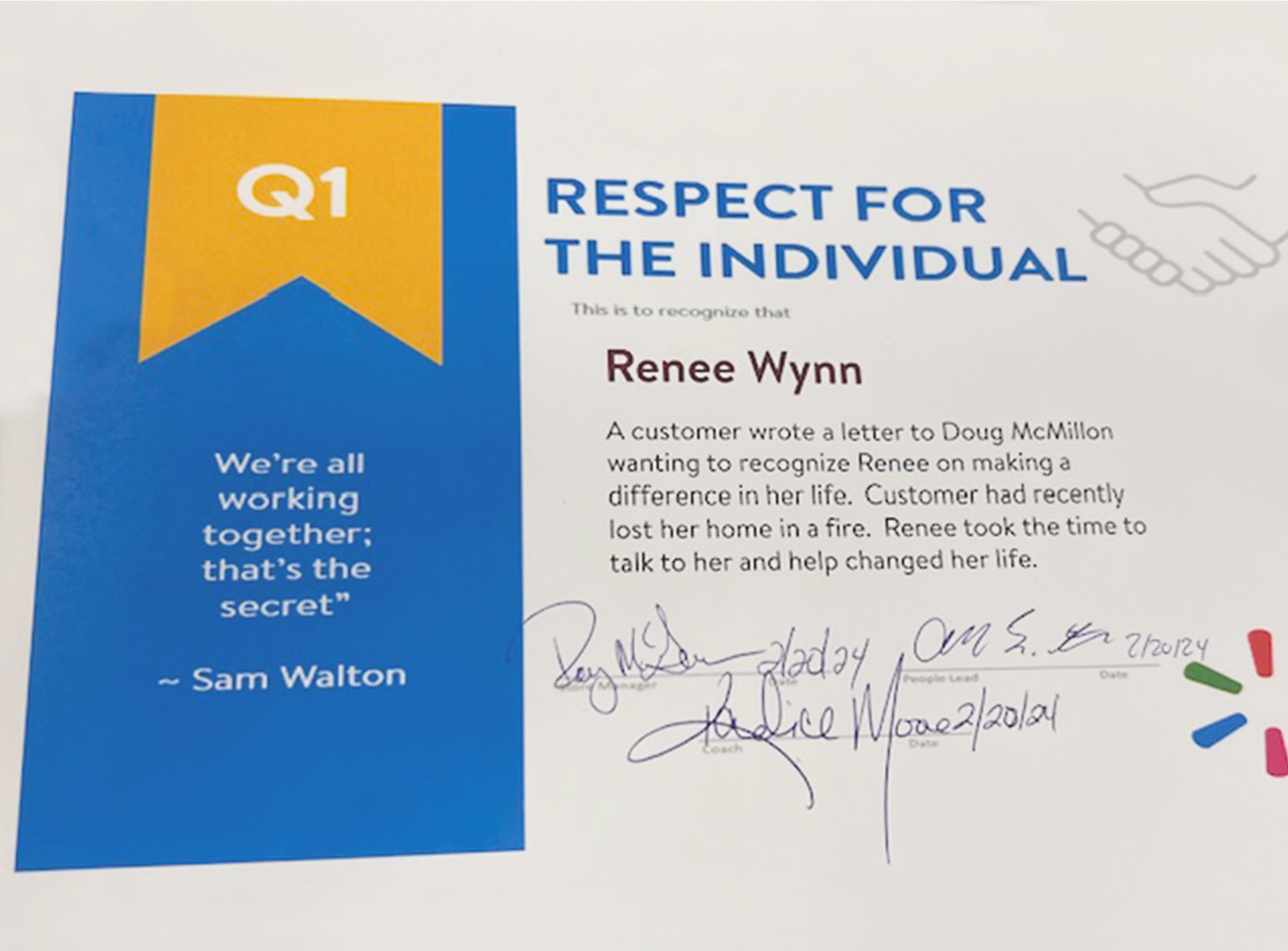 Image of a certificate addressed to Renee Wynn