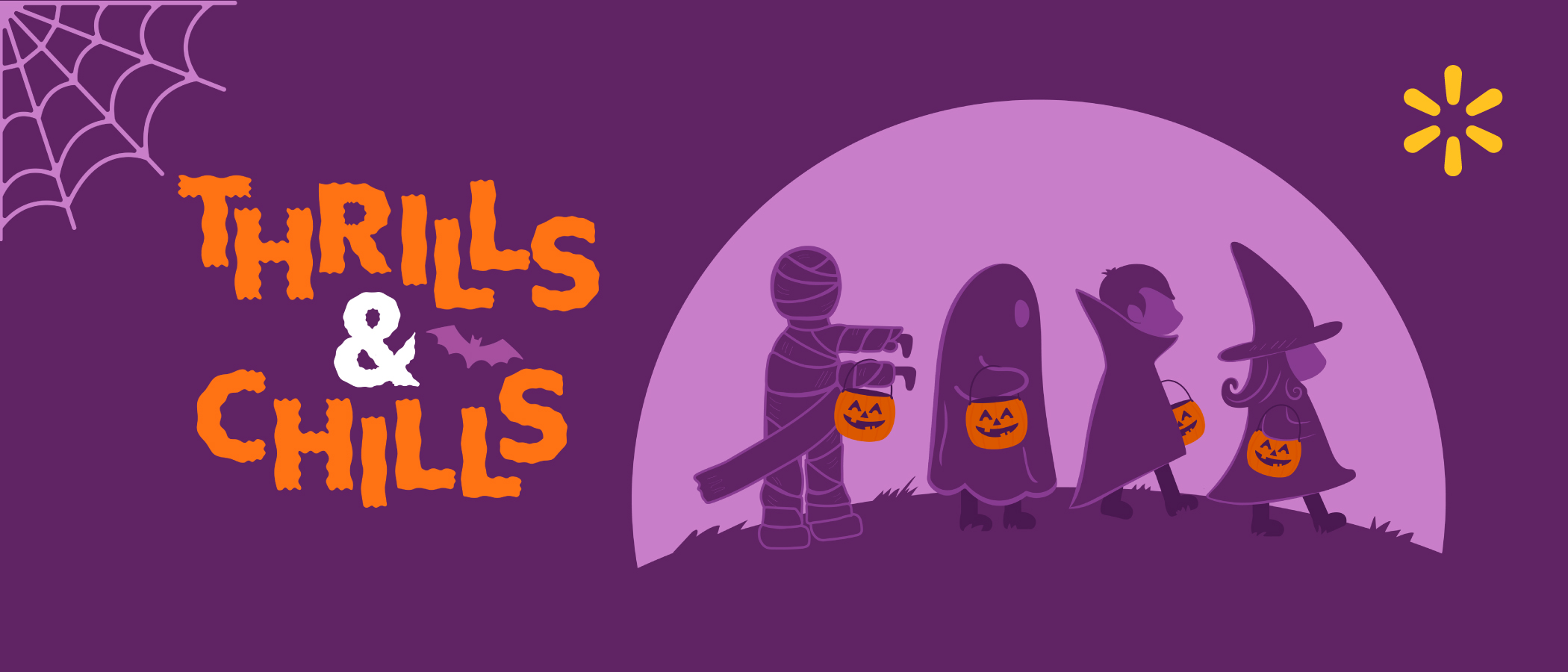Illustration of children dressed as a mummy, ghost, vampire, and witch holding pumpkin buckets. The setting features a purple background with a spider web and moonlit scene. Text reads 'Thrills & Chills' in bold orange font alongside a visible yellow star logo.