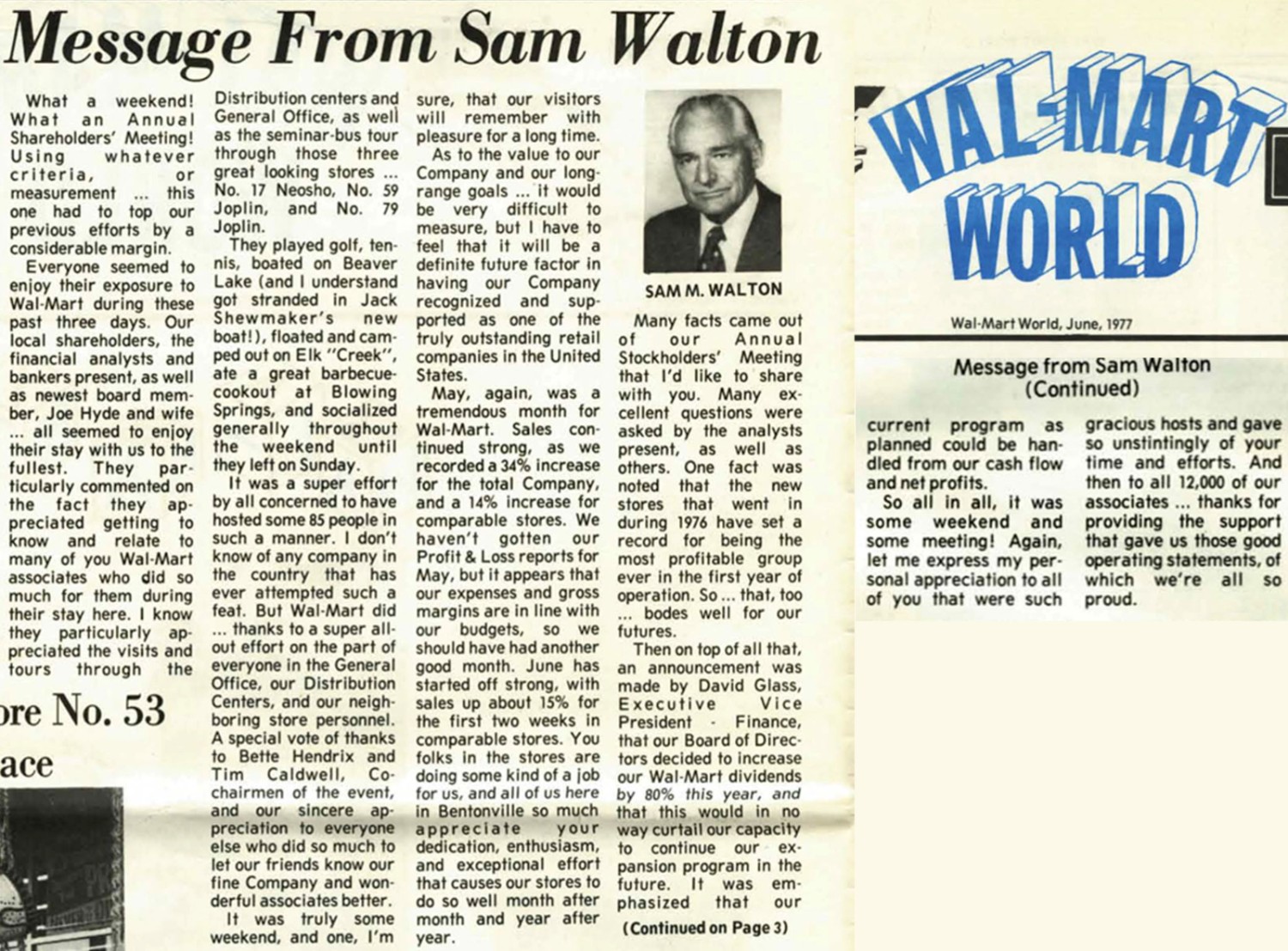 Photocopy of "Message from Sam Walton" in early Walmart World magazine.
