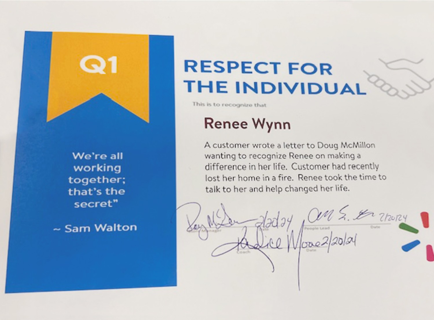 Image of a certificate addressed to Renee Wynn