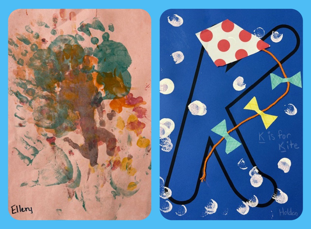 Two images of artwork created by James Bright’s children. On the left, a colorful handprint by Ellery. On the right, a construction paper letter "K" decorated with polka dots and a red bow, with the caption "K is for Kite" by Holden.