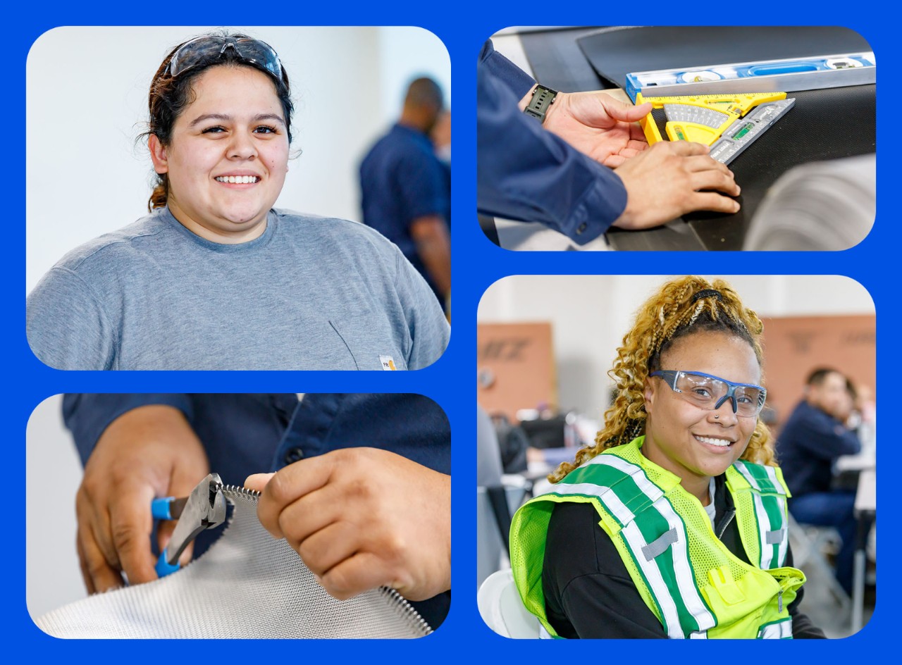 Two women in the Associate-to-Technician program smile; hands using a level and protractor; hands using a wire cutting tool.